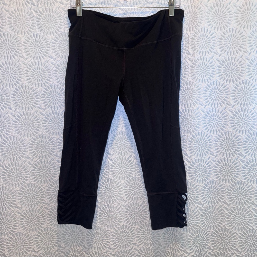 Athleta Mind Over Mat Black Capri Legging with Strappy Calf Detail